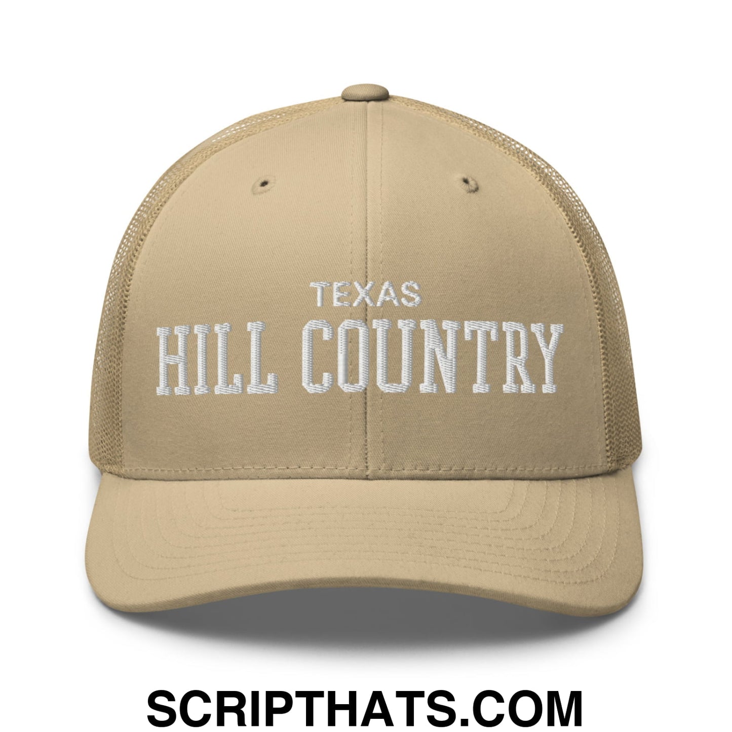 Texas Hill Country Varsity College Block Embroidered Mesh Trucker Hat Khaki