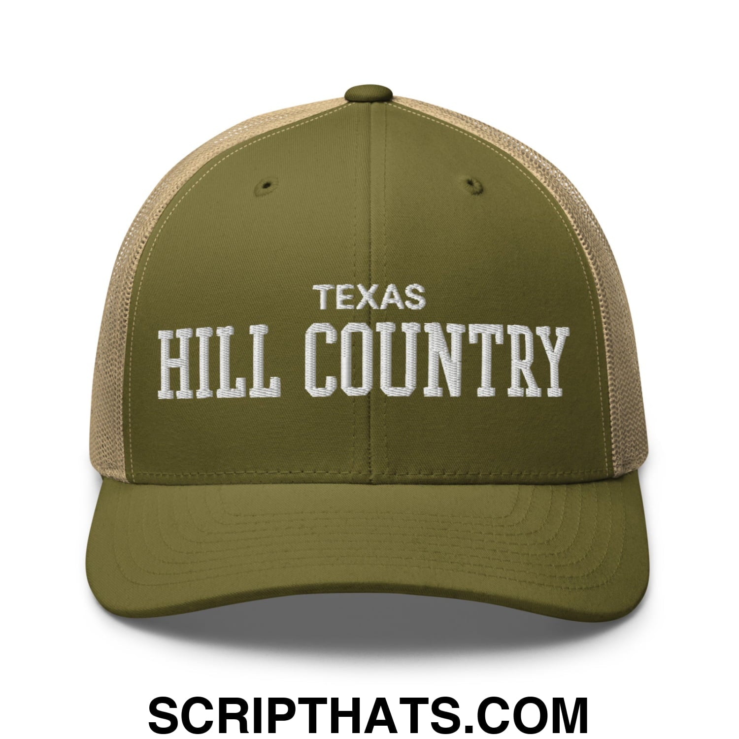 Texas Hill Country Varsity College Block Embroidered Mesh Trucker Hat Moss Khaki