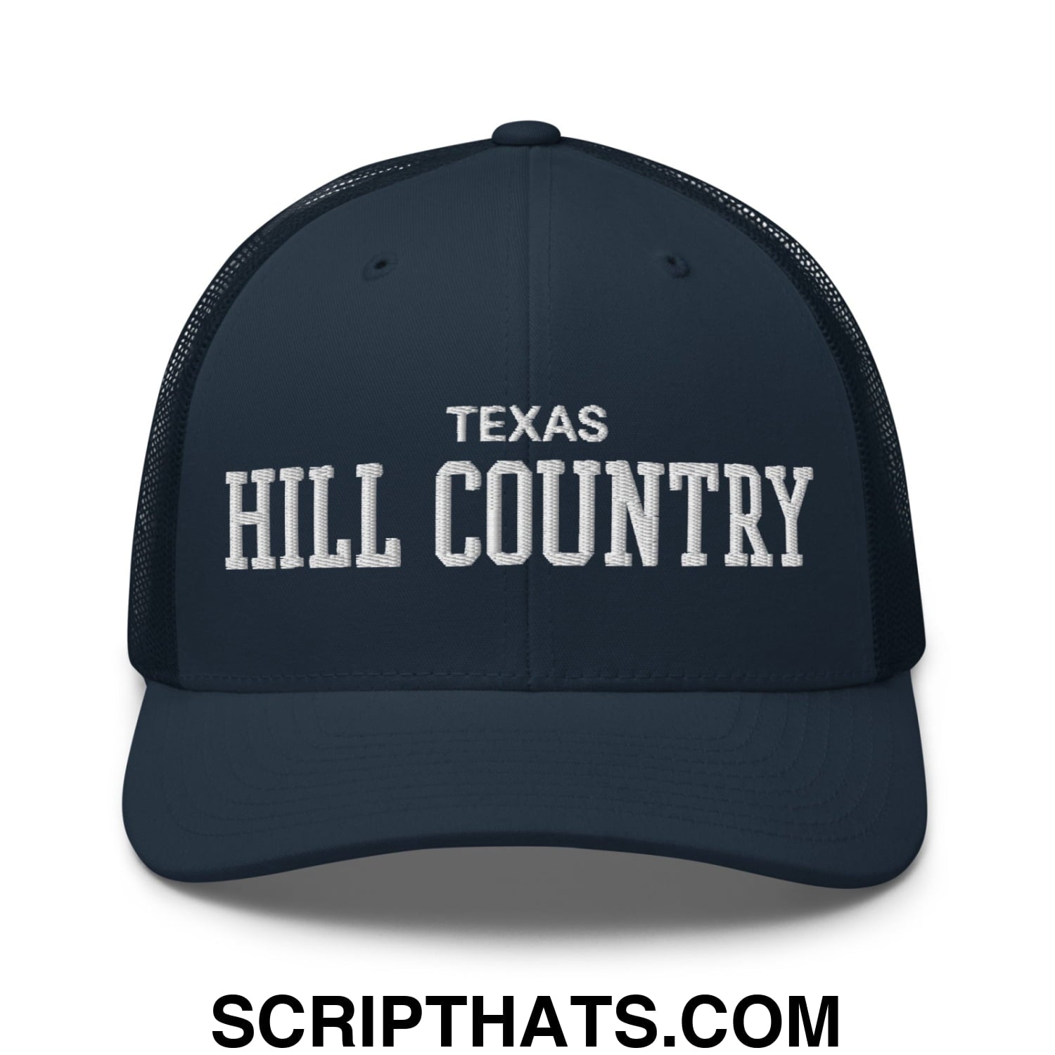 Texas Hill Country Varsity College Block Embroidered Mesh Trucker Hat Navy