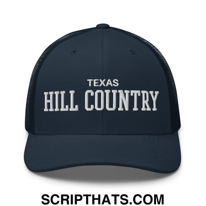 Texas Hill Country Varsity College Block Embroidered Mesh Trucker Hat Navy
