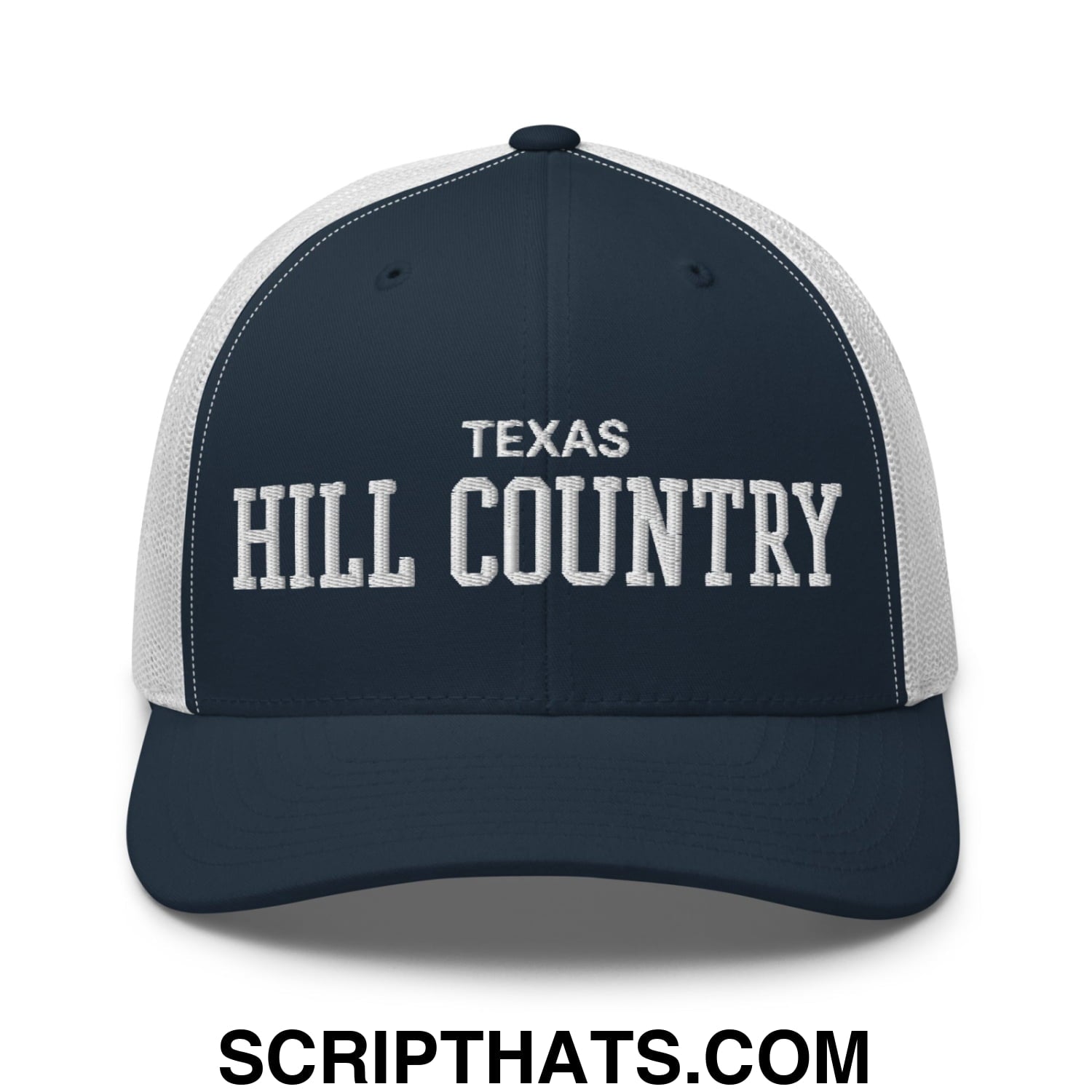 Texas Hill Country Varsity College Block Embroidered Mesh Trucker Hat Navy White