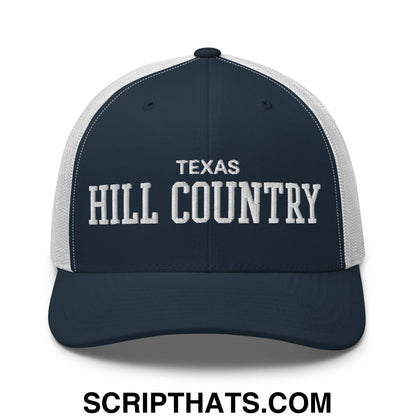 Texas Hill Country Varsity College Block Embroidered Mesh Trucker Hat Navy White