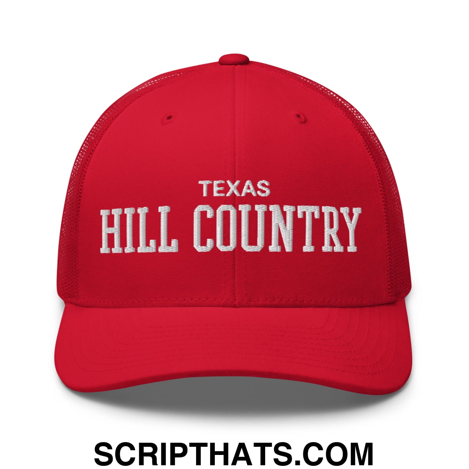 Texas Hill Country Varsity College Block Embroidered Mesh Trucker Hat Red