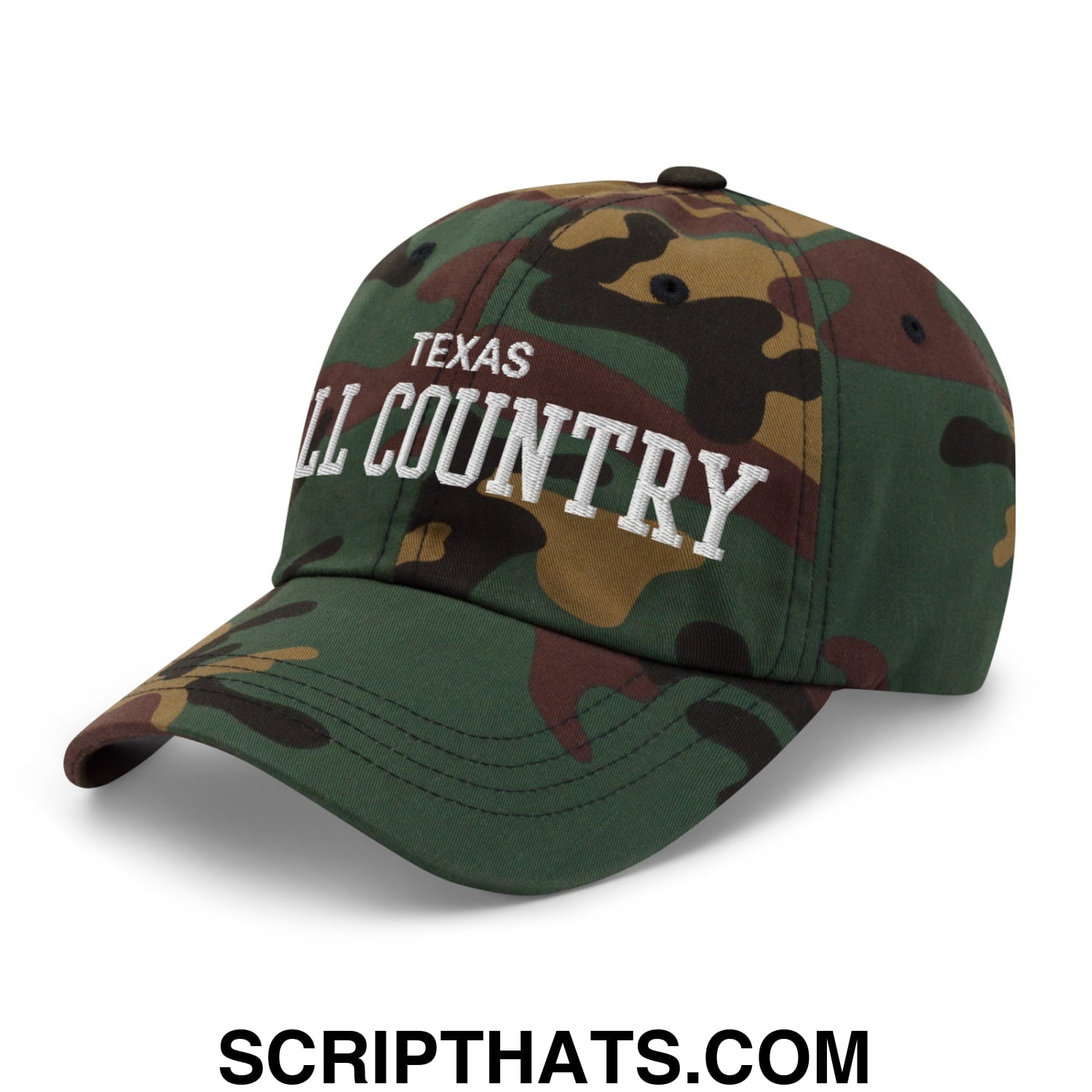 Texas Hill Country Varsity College Block Embroidered Unstructured Dad Hat Green Camo
