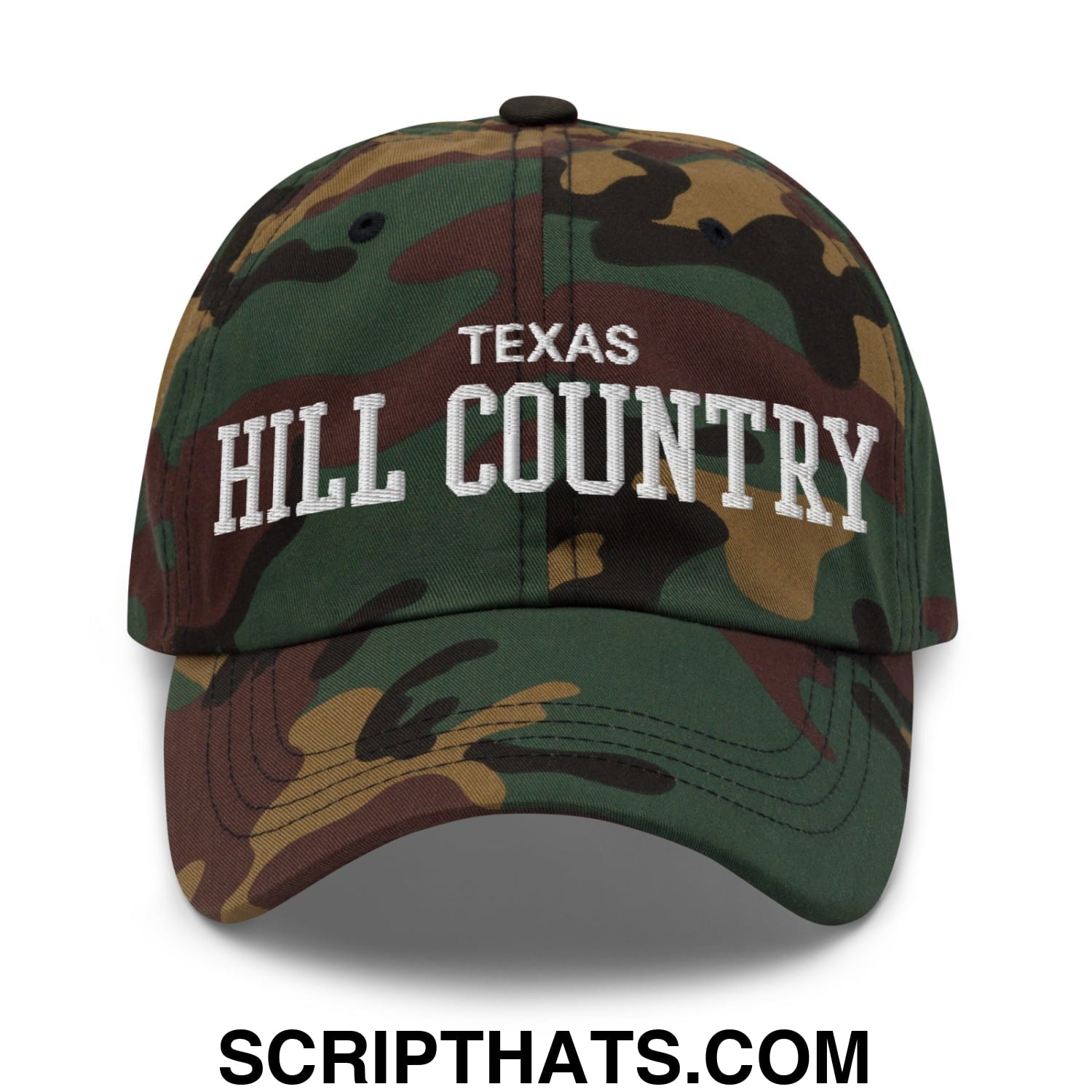 Texas Hill Country Varsity College Block Embroidered Unstructured Dad Hat Green Camo