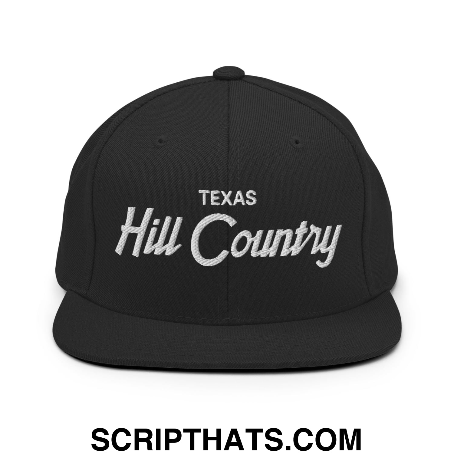 Texas Hill Country Vintage Sports Script Embroidered Flat Bill Brim Snapback Hat Black