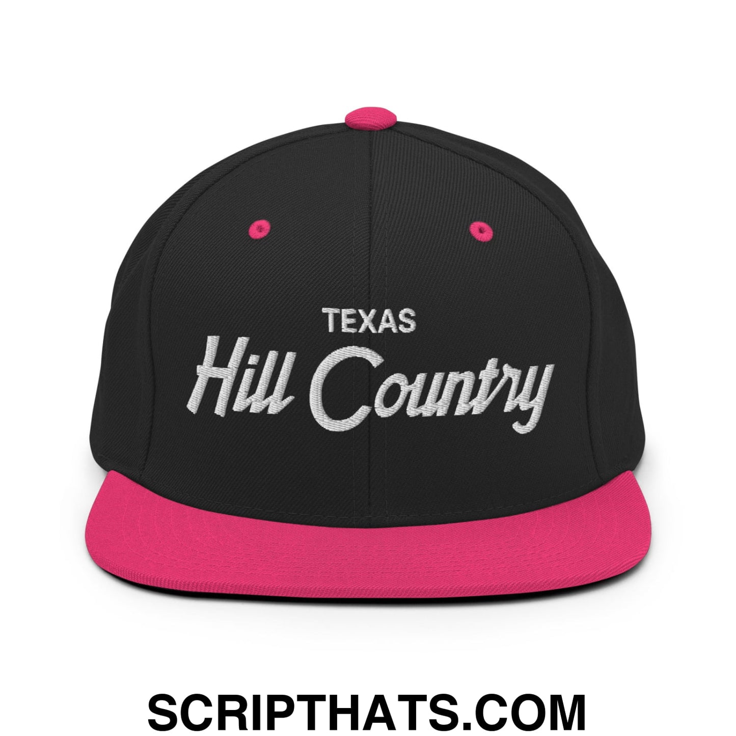 Texas Hill Country Vintage Sports Script Embroidered Flat Bill Brim Snapback Hat Black Neon Pink