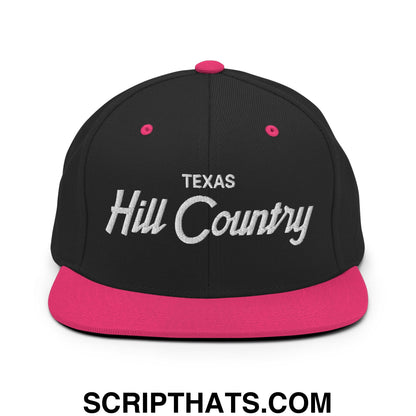 Texas Hill Country Vintage Sports Script Embroidered Flat Bill Brim Snapback Hat Black Neon Pink
