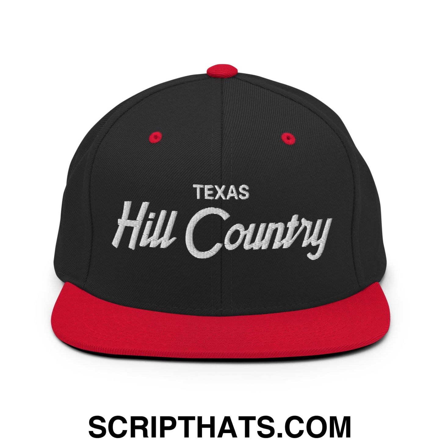 Texas Hill Country Vintage Sports Script Embroidered Flat Bill Brim Snapback Hat Black Red