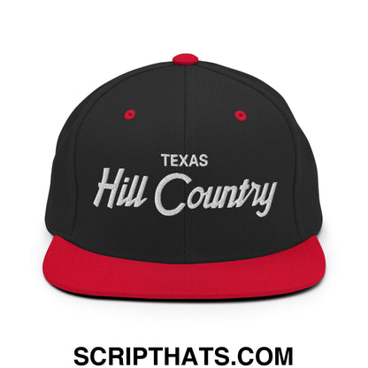 Texas Hill Country Vintage Sports Script Embroidered Flat Bill Brim Snapback Hat Black Red