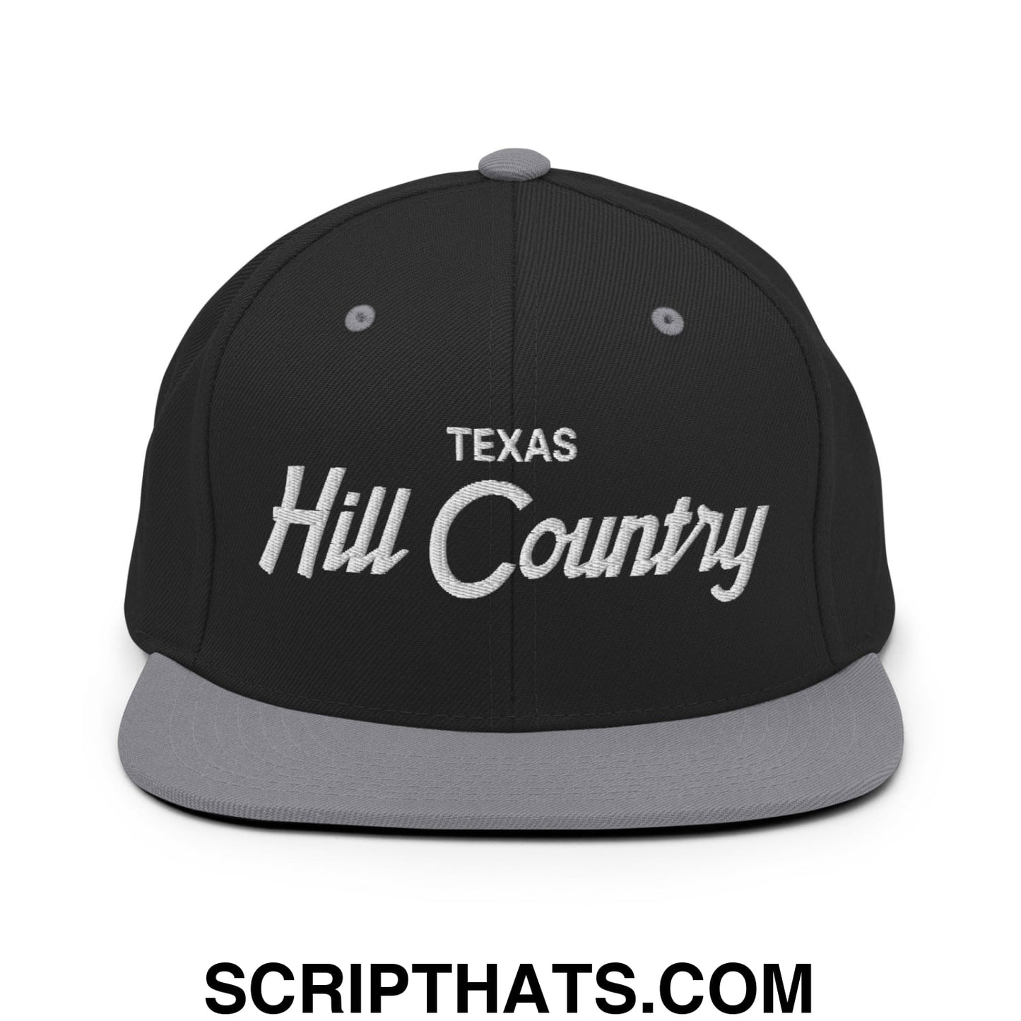 Texas Hill Country Vintage Sports Script Embroidered Flat Bill Brim Snapback Hat Black Silver