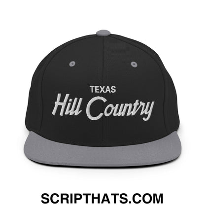 Texas Hill Country Vintage Sports Script Embroidered Flat Bill Brim Snapback Hat Black Silver