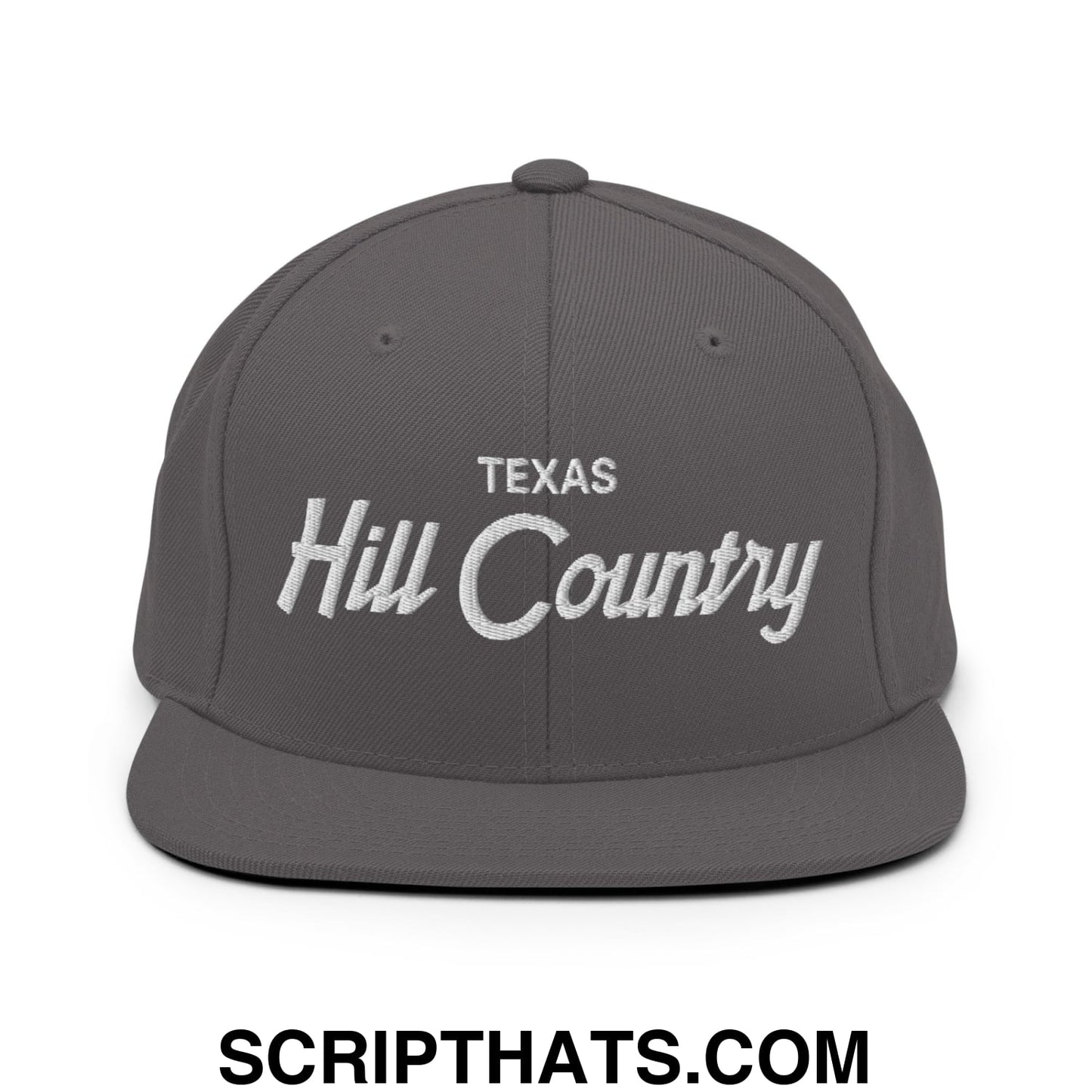 Texas Hill Country Vintage Sports Script Embroidered Flat Bill Brim Snapback Hat Dark Grey