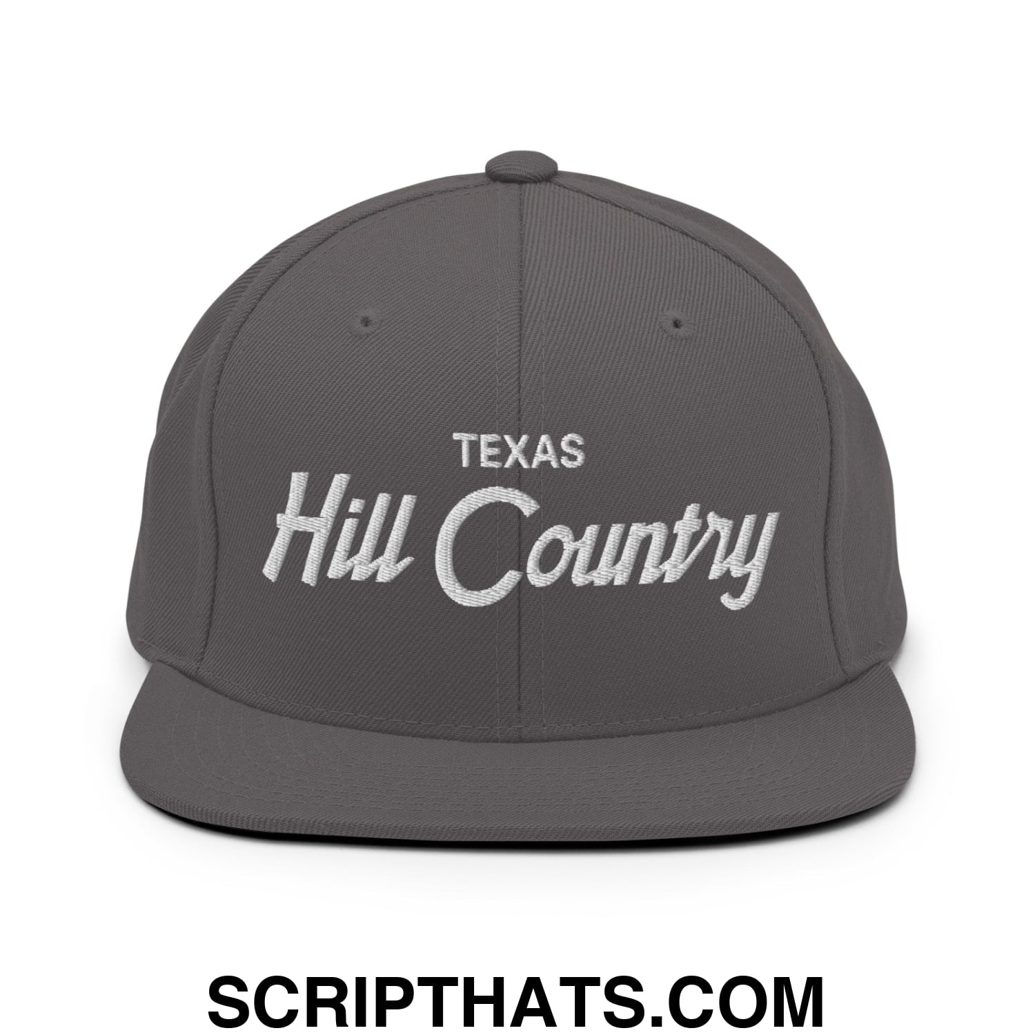 Texas Hill Country Vintage Sports Script Embroidered Flat Bill Brim Snapback Hat Dark Grey