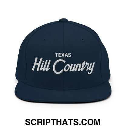 Texas Hill Country Vintage Sports Script Embroidered Flat Bill Brim Snapback Hat Dark Navy