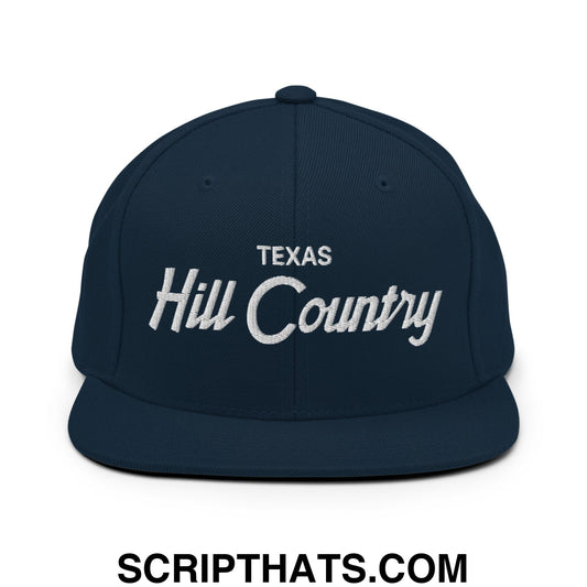 Texas Hill Country Vintage Sports Script Embroidered Flat Bill Brim Snapback Hat Dark Navy