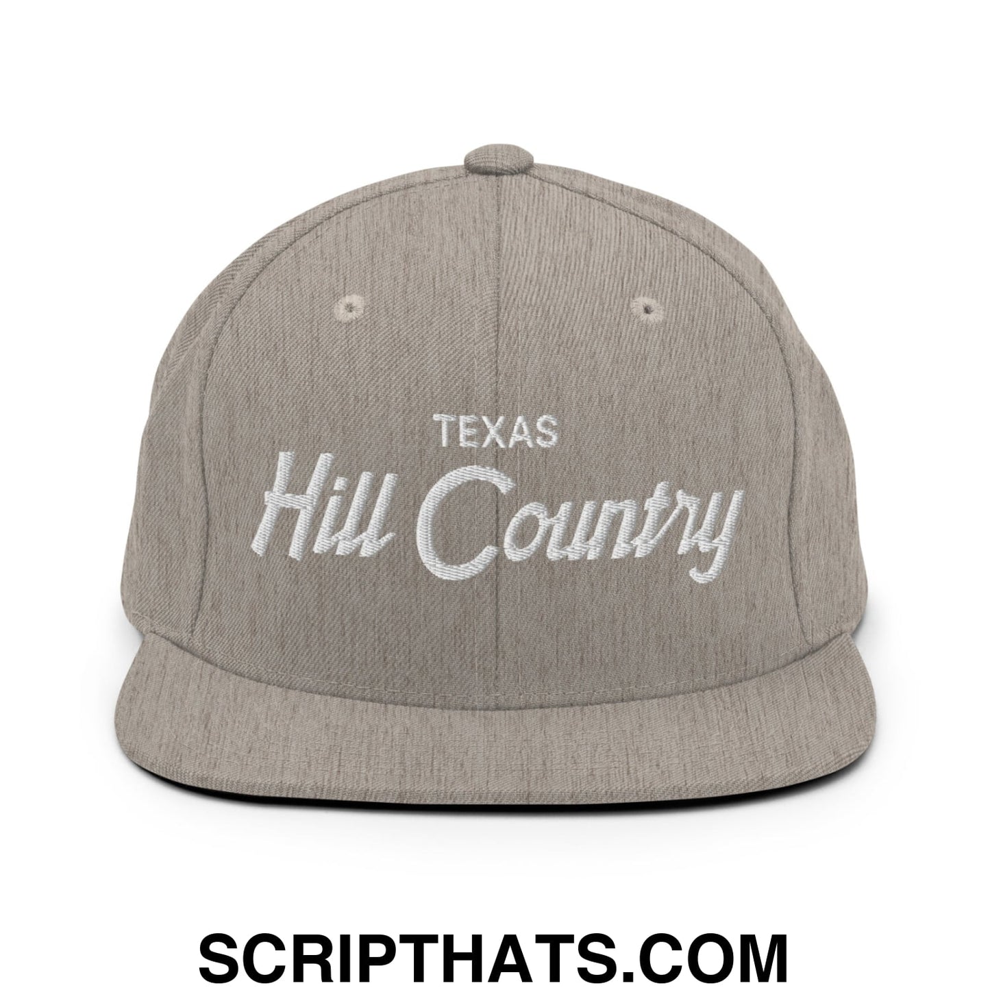 Texas Hill Country Vintage Sports Script Embroidered Flat Bill Brim Snapback Hat Heather Grey