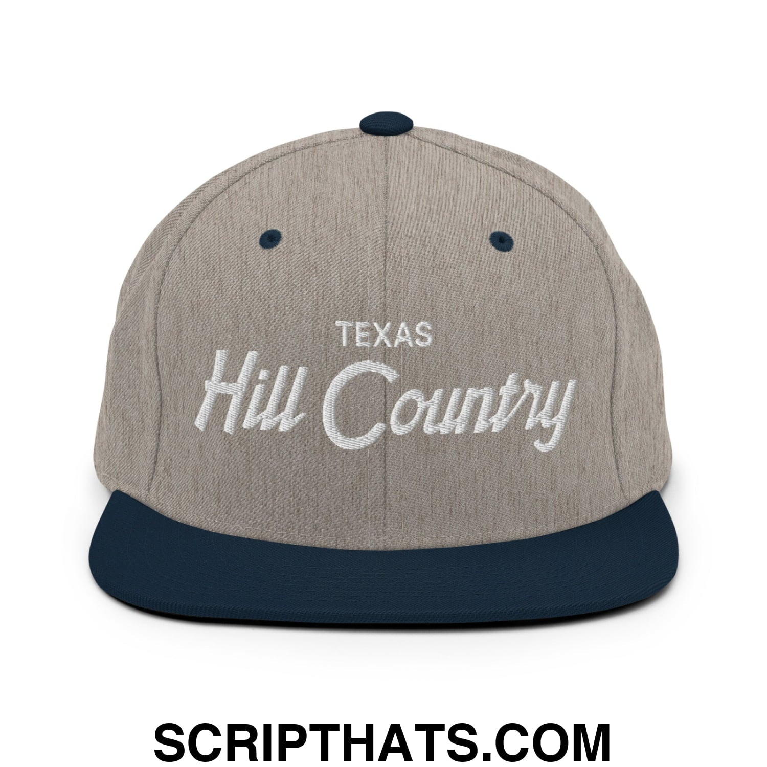 Texas Hill Country Vintage Sports Script Embroidered Flat Bill Brim Snapback Hat Heather Grey Navy