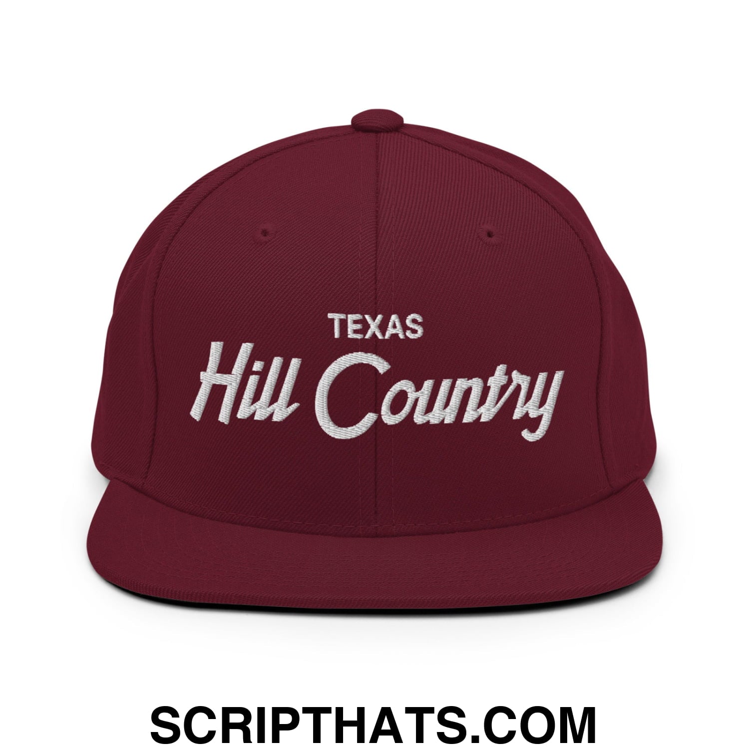 Texas Hill Country Vintage Sports Script Embroidered Flat Bill Brim Snapback Hat Maroon