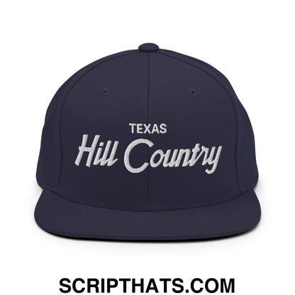 Texas Hill Country Vintage Sports Script Embroidered Flat Bill Brim Snapback Hat Navy