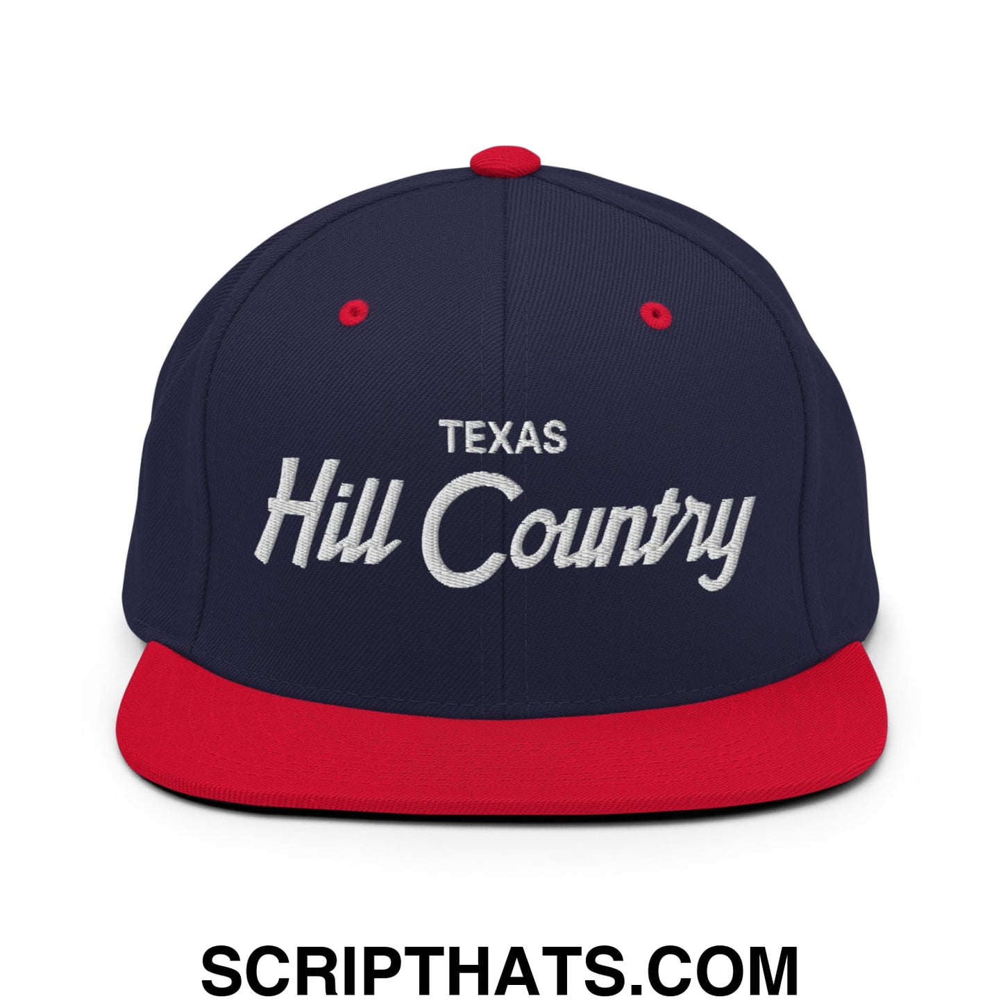 Texas Hill Country Vintage Sports Script Embroidered Flat Bill Brim Snapback Hat Navy Red