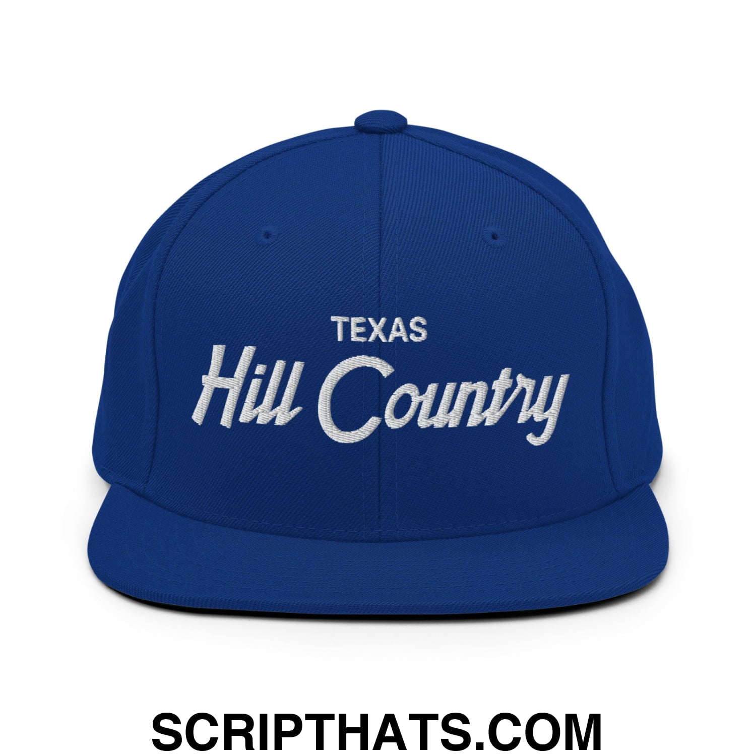 Texas Hill Country Vintage Sports Script Embroidered Flat Bill Brim Snapback Hat Royal Blue