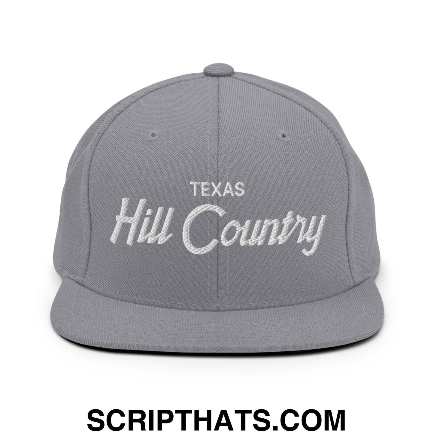 Texas Hill Country Vintage Sports Script Embroidered Flat Bill Brim Snapback Hat Silver