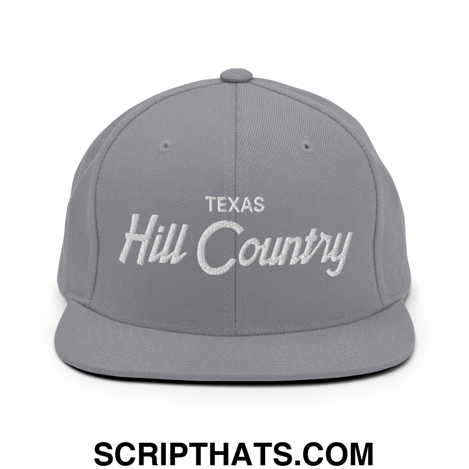 Texas Hill Country Vintage Sports Script Embroidered Flat Bill Brim Snapback Hat Silver