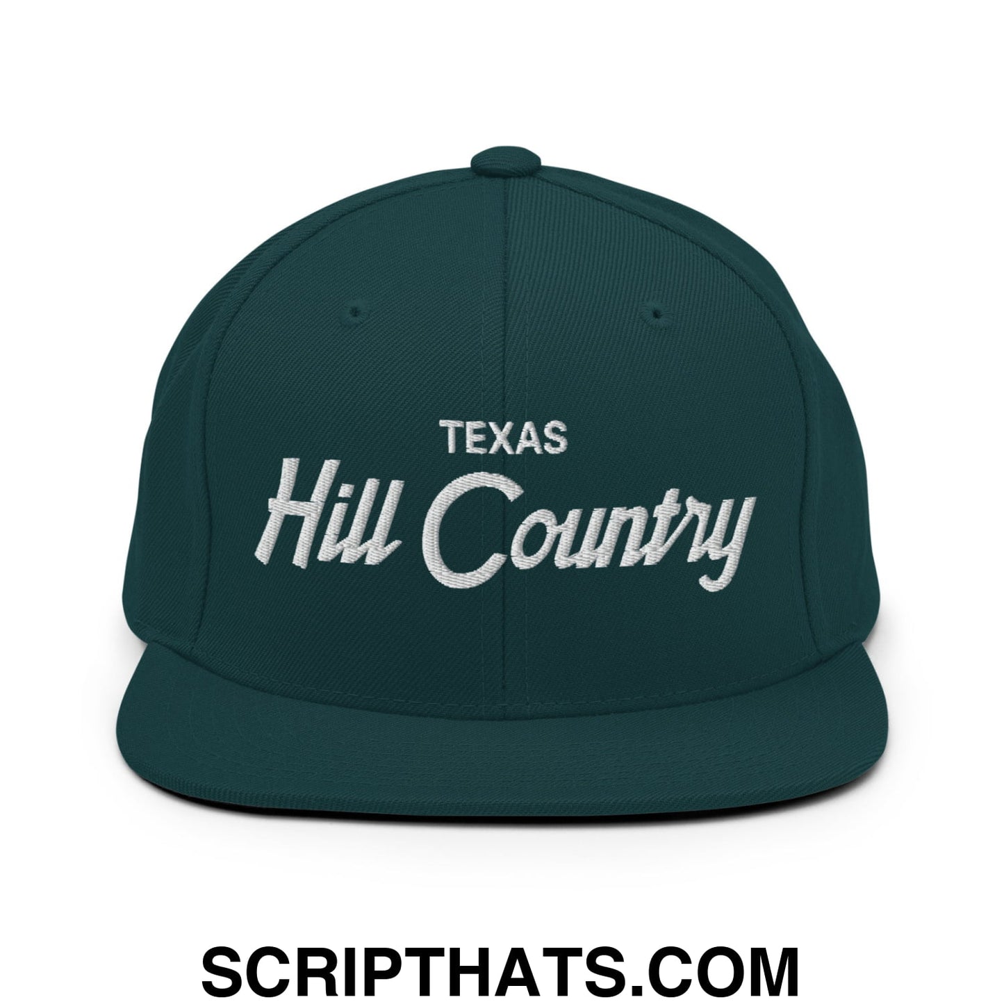 Texas Hill Country Vintage Sports Script Embroidered Flat Bill Brim Snapback Hat Spruce
