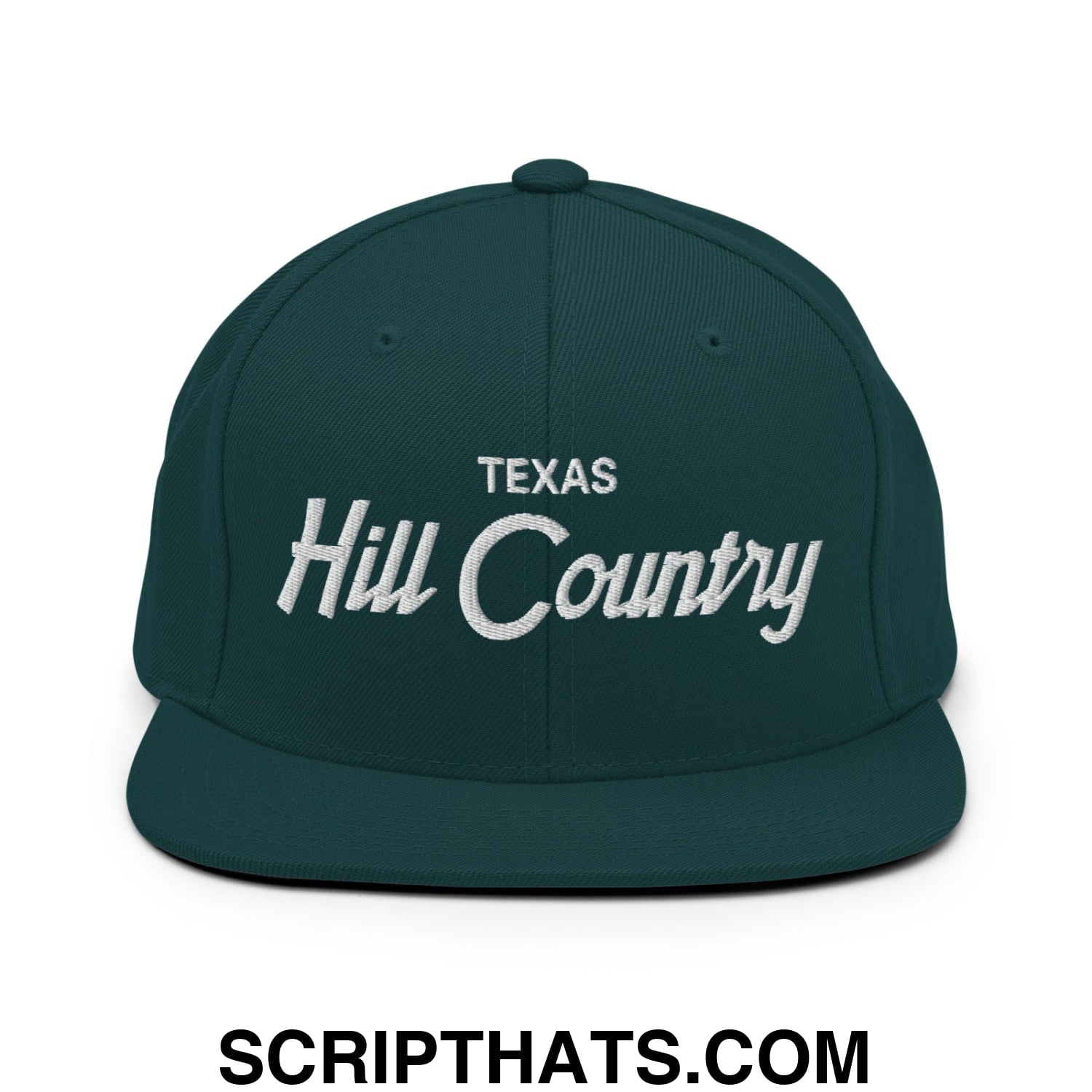 Texas Hill Country Vintage Sports Script Embroidered Flat Bill Brim Snapback Hat Spruce