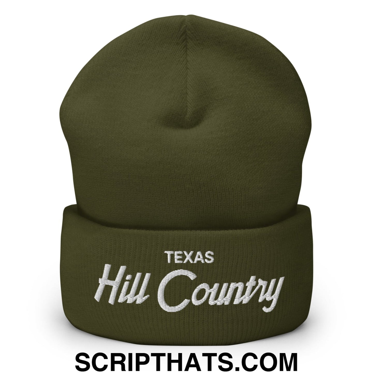 Texas Hill Country Vintage Sports Script Embroidered Knit Cuffed Beanie Olive