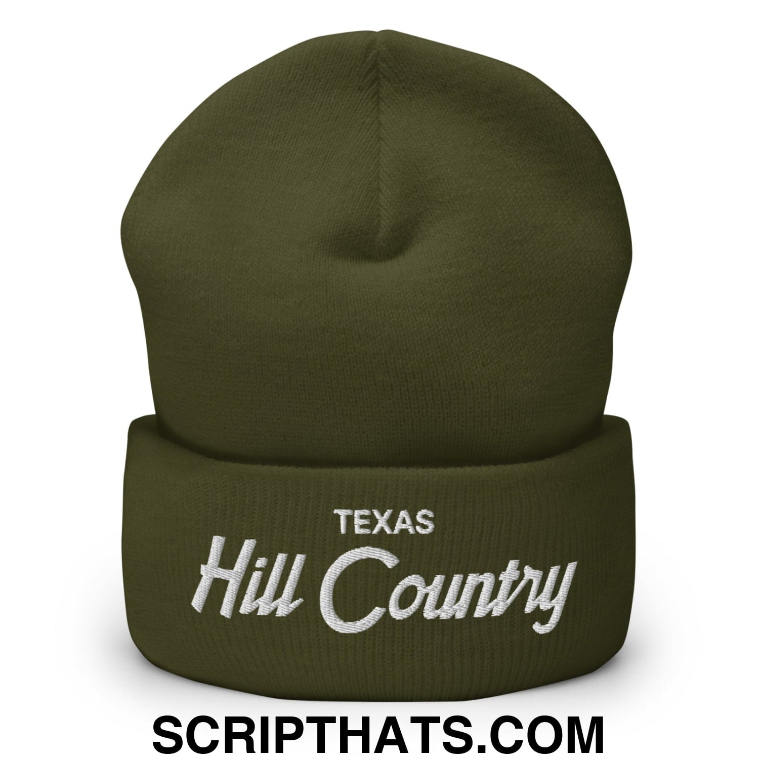 Texas Hill Country Vintage Sports Script Embroidered Knit Cuffed Beanie Olive