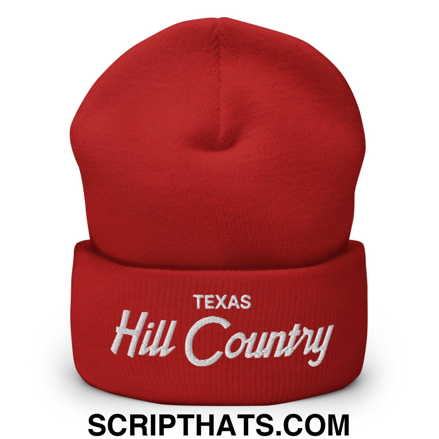 Texas Hill Country Vintage Sports Script Embroidered Knit Cuffed Beanie Red