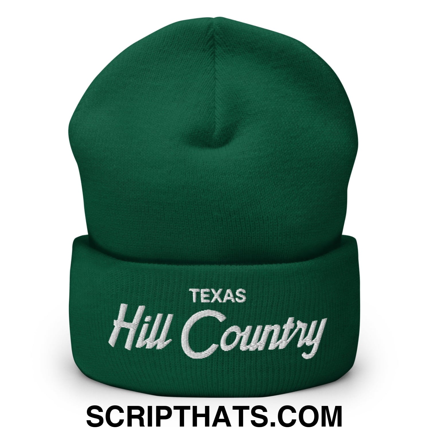 Texas Hill Country Vintage Sports Script Embroidered Knit Cuffed Beanie Spruce