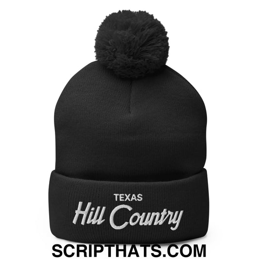 Texas Hill Country Vintage Sports Script Embroidered Knit Pom Pom Beanie Black