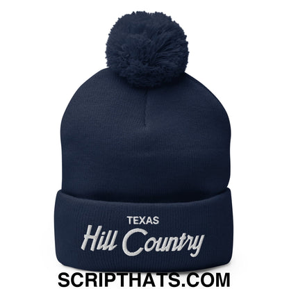 Texas Hill Country Vintage Sports Script Embroidered Knit Pom Pom Beanie Navy