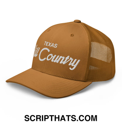 Texas Hill Country Vintage Sports Script Embroidered Mesh Trucker Hat Caramel