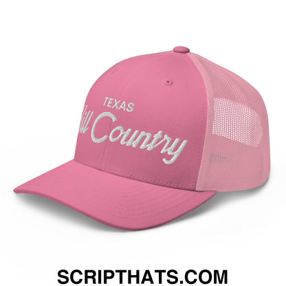 Texas Hill Country Vintage Sports Script Embroidered Mesh Trucker Hat Pink