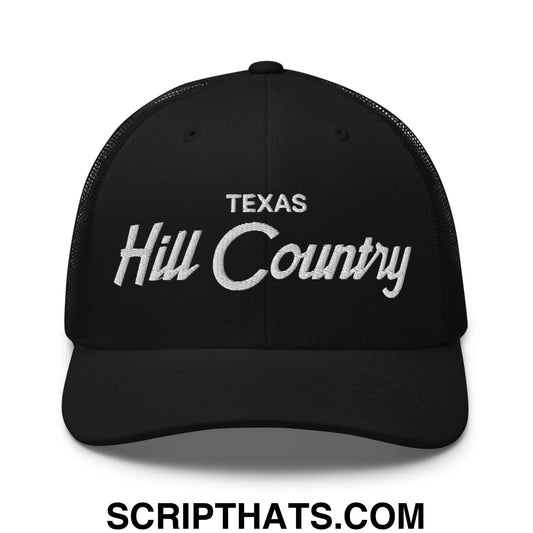 Texas Hill Country Vintage Sports Script Embroidered Mesh Trucker Hat Black