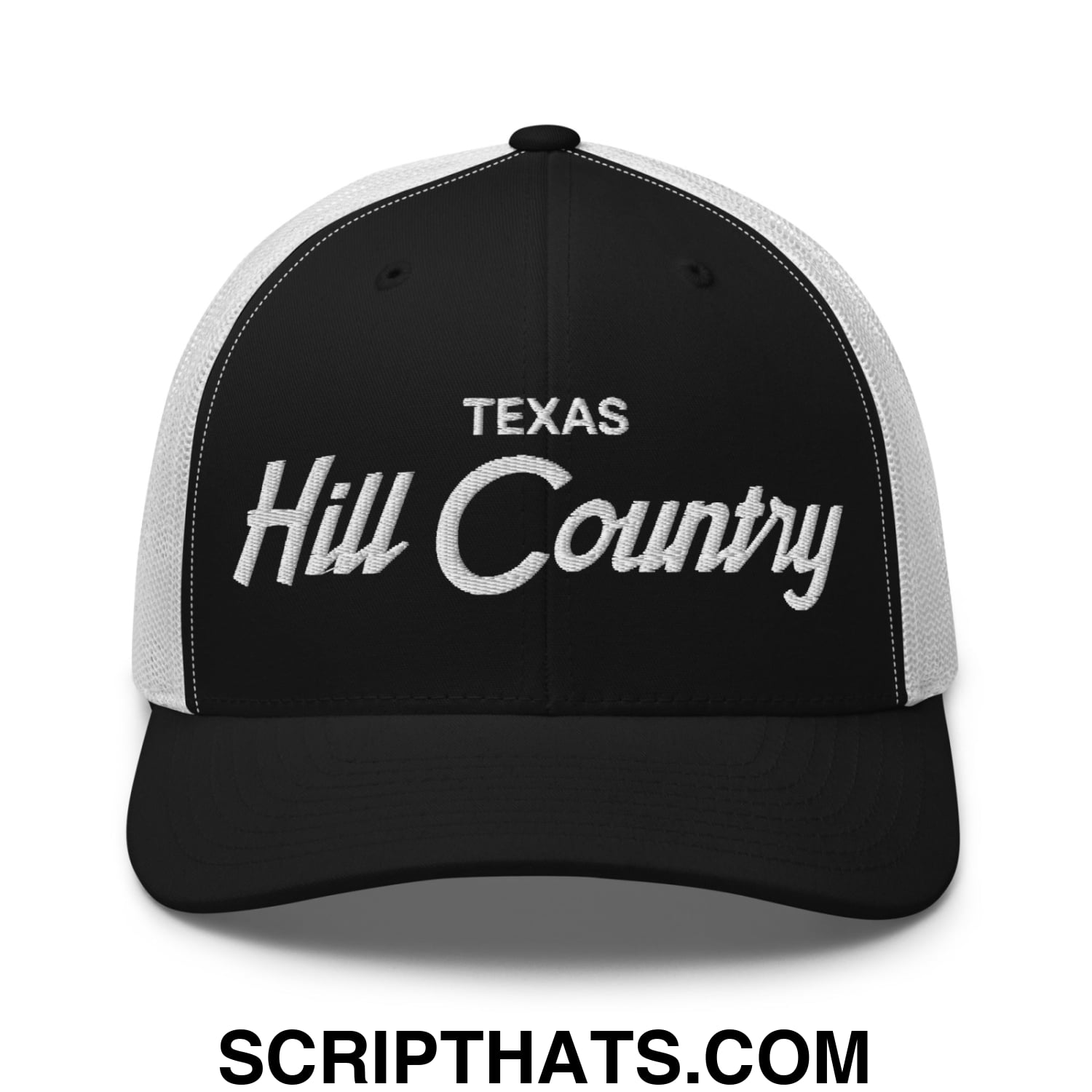 Texas Hill Country Vintage Sports Script Embroidered Mesh Trucker Hat Black White