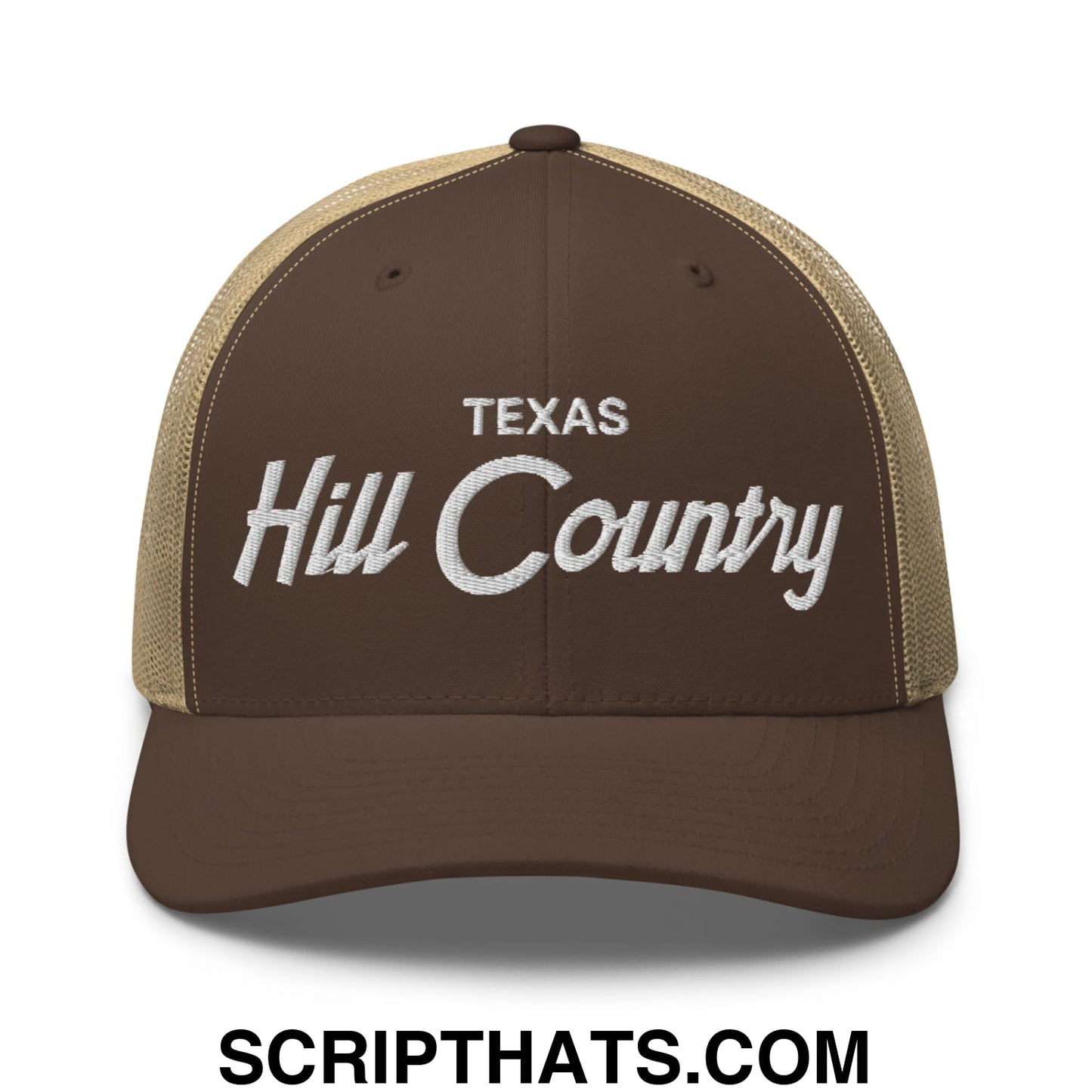 Texas Hill Country Vintage Sports Script Embroidered Mesh Trucker Hat Brown Khaki