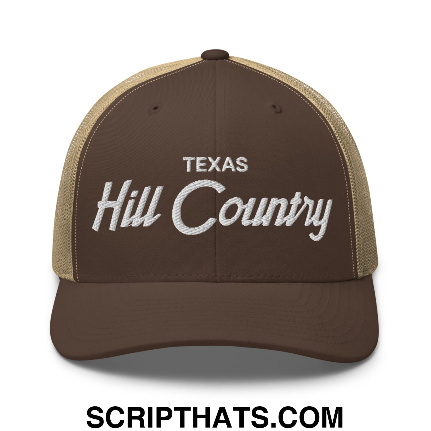 Texas Hill Country Vintage Sports Script Embroidered Mesh Trucker Hat Brown Khaki