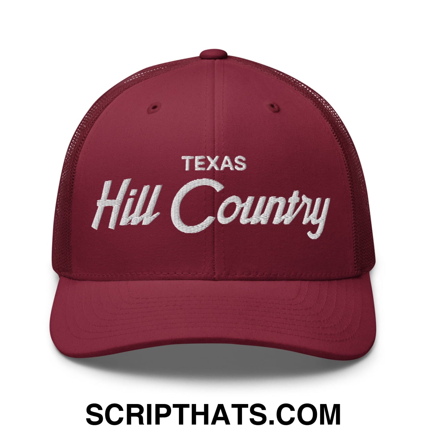 Texas Hill Country Vintage Sports Script Embroidered Mesh Trucker Hat Cranberry