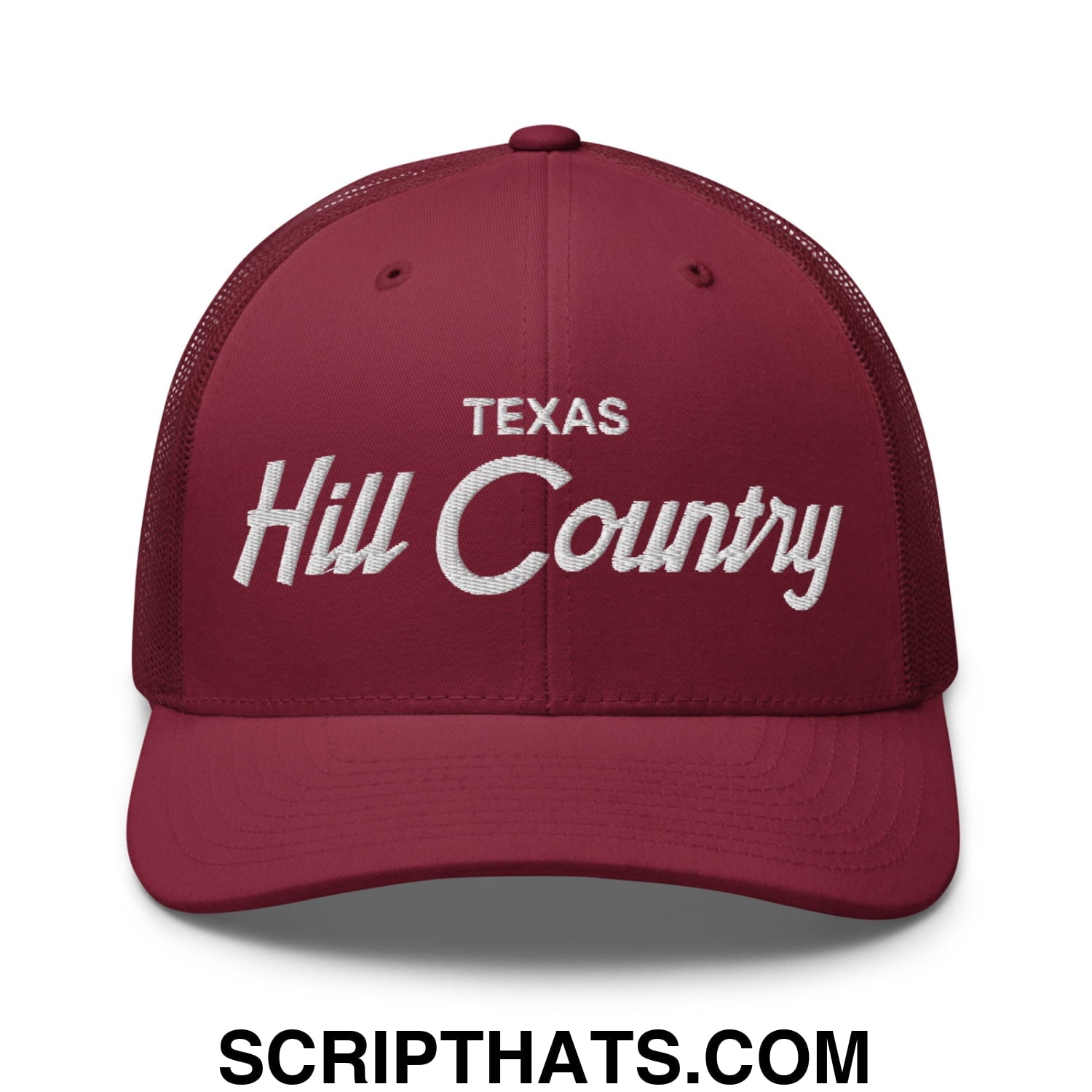 Texas Hill Country Vintage Sports Script Embroidered Mesh Trucker Hat Cranberry