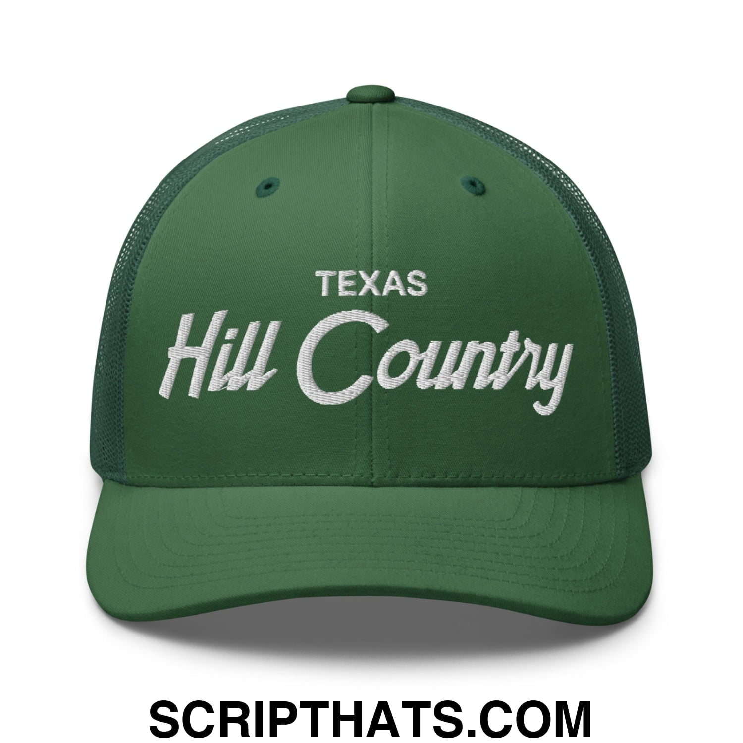 Texas Hill Country Vintage Sports Script Embroidered Mesh Trucker Hat Evergreen