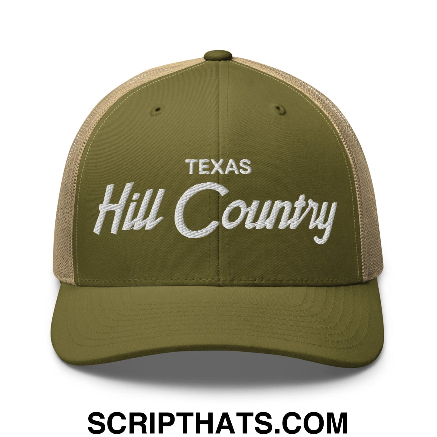 Texas Hill Country Vintage Sports Script Embroidered Mesh Trucker Hat Moss Khaki