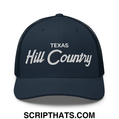 Texas Hill Country Vintage Sports Script Embroidered Mesh Trucker Hat Navy