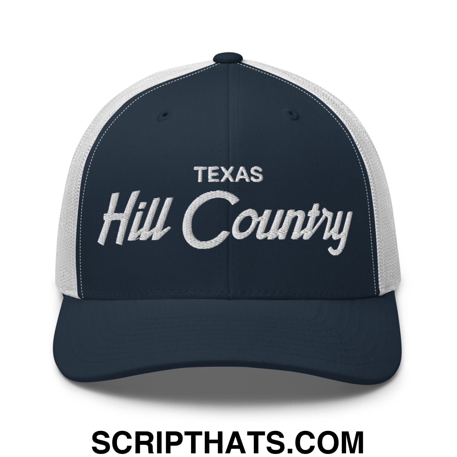 Texas Hill Country Vintage Sports Script Embroidered Mesh Trucker Hat Navy White
