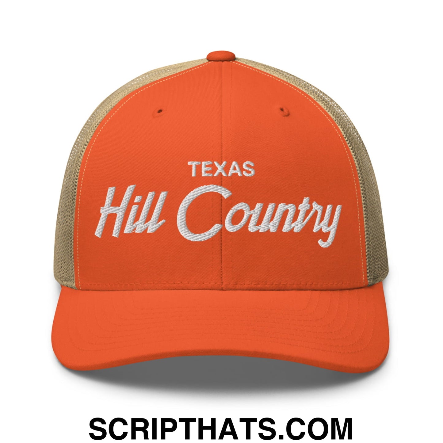 Texas Hill Country Vintage Sports Script Embroidered Mesh Trucker Hat Rustic Orange Khaki