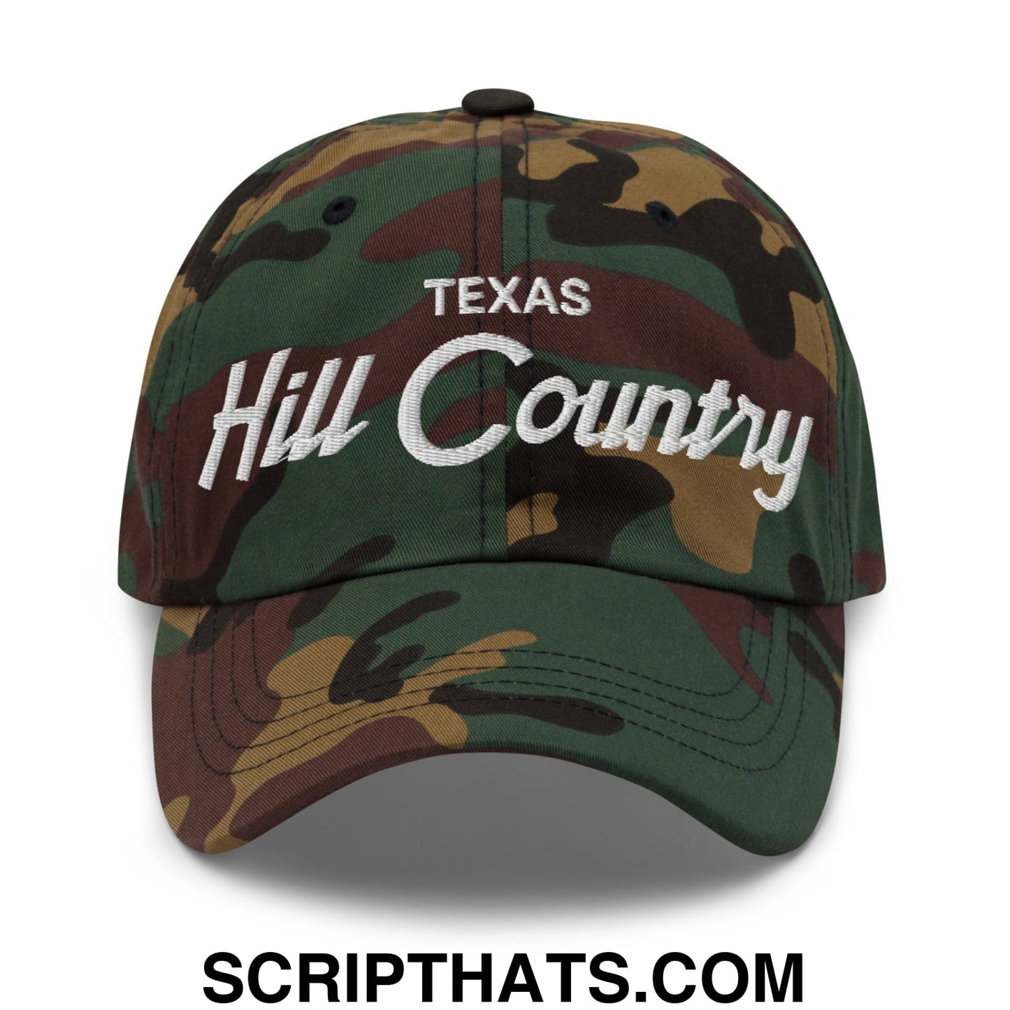 Texas Hill Country Vintage Sports Script Embroidered Unstructured Dad Hat Green Camo